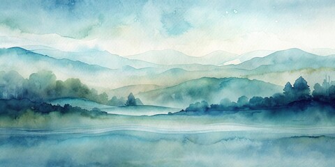 Wall Mural - Serene Watercolor Landscape Misty Mountains and Rolling Hills in Soft Blue and Green Hues