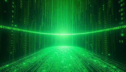 Mesmerizing Green Binary Code Cascade in Digital Void data glowing    