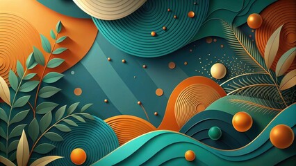 Wall Mural - abstract teal and orange layered design with organic elements and spherical accents
