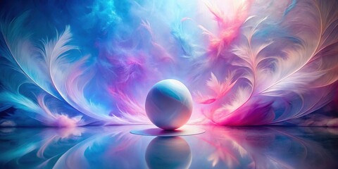 Wall Mural - Serene Sphere Amidst a Dreamlike Array of Pastel Feathers and Glowing Hues
