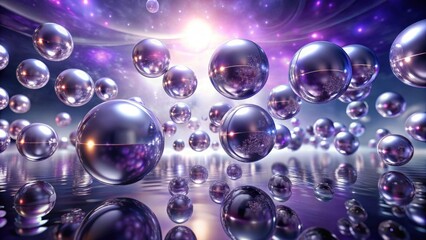 Wall Mural - reflective spheres floating in a cosmic nebula, illuminated by a distant light source, creating a st