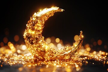 Wall Mural - Luminous Golden Crescent Moon with Sparkling Particles and Blurred Lights