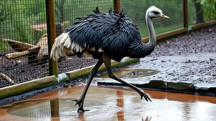 A black-necked ostrich walking on wet ground in a zoo enclosure.