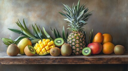 Wall Mural - Still Life with Tropical Fruits: A Vibrant Arrangement of Pineapple, Mangoes, and Kiwis on Rustic Wood