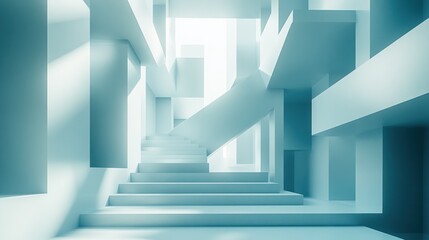 Wall Mural - serene minimalist architectural interior: light blue geometric shapes and ascending stairs