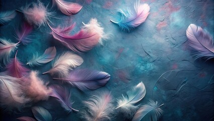 Wall Mural - Pastel-hued feathers scattered on a textured surface create a dreamy, ethereal mood; a captivating arrangement of delicate plumage for design inspiration.