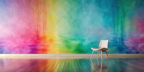 Wall Mural - A single chair sits in a room with a vibrant, multicolored wall featuring a gradient of hues