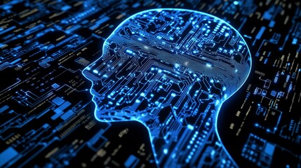 Digital human head with glowing blue circuitry, artificial intelligence and computer programming technology concept