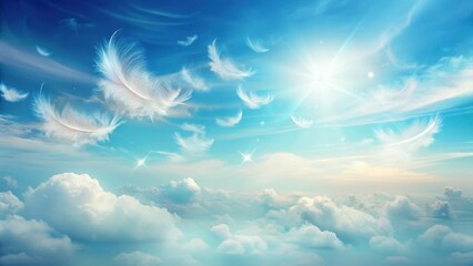 Wall Mural - Serene White Feathers Drifting Through a Bright, Sunlit Sky Above a Sea of Clouds