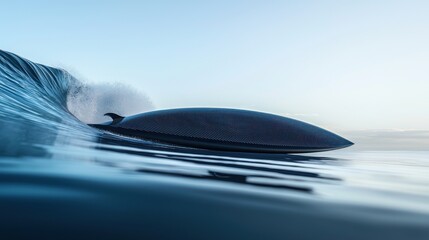 Canvas Print - Sleek dark surfboard riding a breaking wave at dawn.