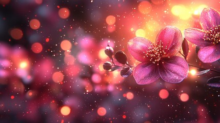Wall Mural - Magical Pink Blossoms with Sparkling Lights and Warm Bokeh Background