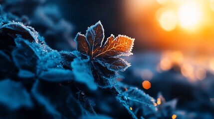 Wall Mural - Frozen Leaf at Sunrise: A Winter's Embrace