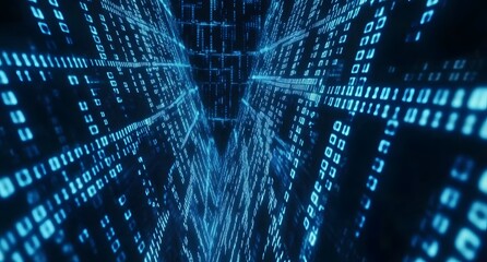 Binary code background, blue color, matrix, with lines creating a futuristic atmosphere, conveying a technological atmosphere
