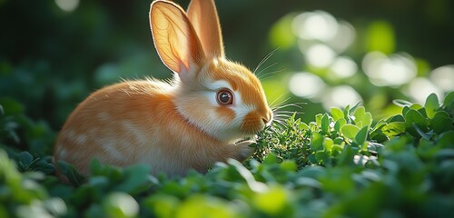 Wall Mural - A bunny hopping through a field, with a rainbow in the background.