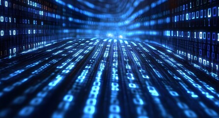 Binary code background, blue color, matrix, with lines creating a futuristic atmosphere, conveying a technological atmosphere