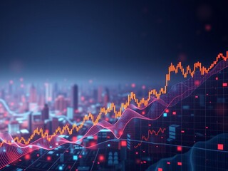 abstract backdrop with digital financial chart graphs and indicators showing stock market growth tre