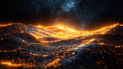 Wall Mural - Mesmerizing Glowing Particle Landscape Under Starlit Sky: An Ethereal and Otherworldly Scene