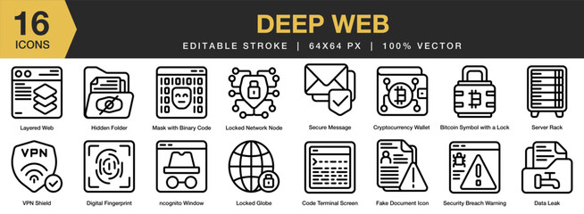 Wall Mural - Deep Web icon set. Editable Stroke Icon Collection. Includes deep, digital, web, data, technology, and More. Outline icons vector collection.