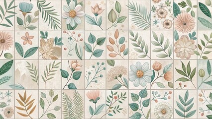 Wall Mural - A Serene Mosaic of Delicate Floral Tiles Featuring Pastel Hues and Lush Greenery, Ideal for Interior Design Applications