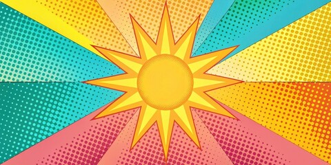 Wall Mural - Vibrant Sunburst Design Featuring Multicolored Halftone Patterns and Geometric Shapes Ideal for Energetic Backgrounds and Creative Projects
