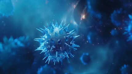 Canvas Print - Close-up of a glowing blue virus particle in a microscopic, otherworldly environment