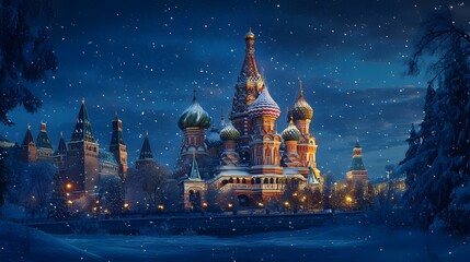 Wall Mural - Saint Basils Cathedral Snowfall Winter Night Moscow