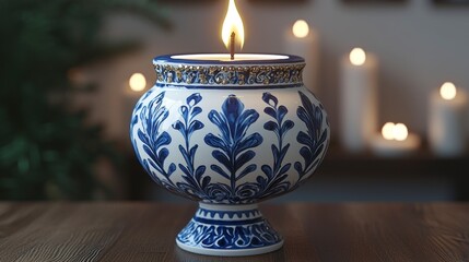 Wall Mural - Lit candle in blue ceramic pot on wood, blurry tree