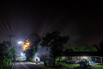 Wall Mural - Abstract blurred background of nature night stars, among coconut trees with green leaves, milky way visible to the naked eye, cool fresh air during the journey.