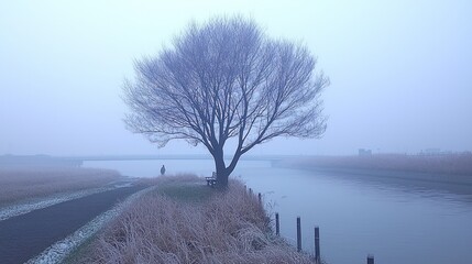 Wall Mural - Solitary Tree in a Misty River Landscape