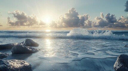 Wall Mural - Serene Sunset Seascape: Ocean Waves Crashing on Rocky Shore