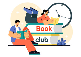 Wall Mural - Book Club Vector Illustration featuring a Group of Men and Women Reading Together, Sharing Literature, and Fostering Education and Self-Development