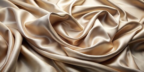 Wall Mural - Elegant Draped Fabric Luxurious Champagne Silk Texture, Smooth and Shiny Surface, Soft Light Reflecting on the Gentle Curves, Close-up Detail Showcasing the Rich Material