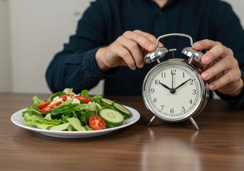 A person seated at a table holding an alarm clock to signify fasting hours and a plate of fresh salad and vegetables is in the foreground