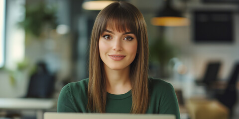 Aufkleber - Portrait of smiling young businesswoman working on laptop in office