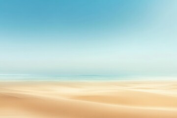 Wall Mural - Serene beach landscape, soft sand meets calm sea under a pale blue sky. Ideal for websites, travel brochures, evokes tranquility, peace, and summer vibes.