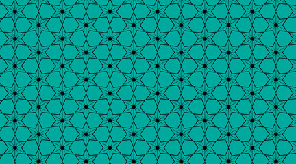 Star shape luxury pattern design with 3d circle centre of each shape | Seamless pattern design with dark teal colour | Pattern background for web, banner, corporate, fabric, texture, cultural program