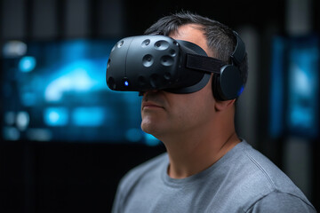 Software developer using virtual reality headset in modern office