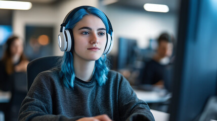 Leinwandbilder - Young woman with headphones concentrating on computer programming in a busy office