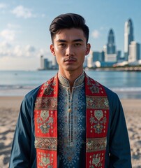 Young man of Singaporean nationality in traditional attire with focused portrait photo park background