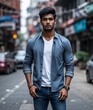 © Things and stuff - Young man of Bangladeshi nationality in casual shirt and jeans with focused portrait photo urban street background