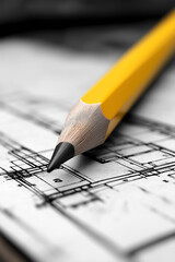 Aufkleber - Yellow pencil pointing on architectural blueprint design