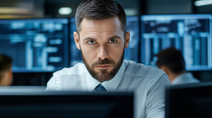 Poster - Bearded financial analyst working late at night, focused on computer screens displaying stock market data