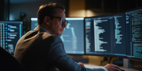 Fototapete - Focused software engineer working on computer in office at night, coding and developing new project