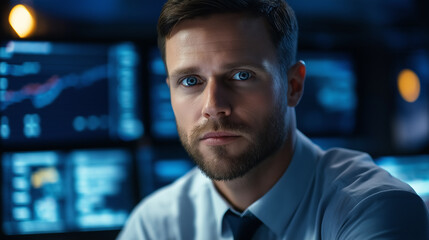 Poster - Financial analyst working late at night analyzing charts on multiple computer screens