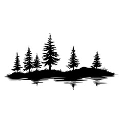 Wall Mural - Simple trees lake mountain linear illustration silhouette pine vector