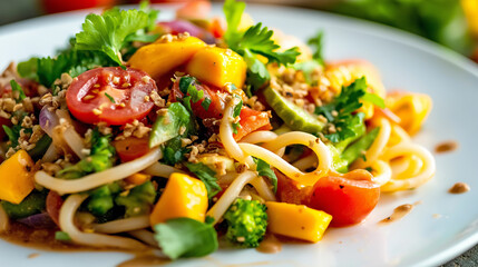 Udon noodles with mango, tomatoes and greens creating a vibrant culinary scene