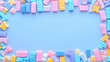 © Pumapala - Pastel candy frame, blue background, copy space, food photography
