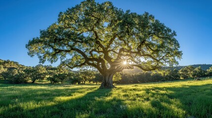 Wall Mural - large oak tree in sunlit field, green grass. perfect for nature, peace, or growth themes, evokes ser