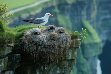 Seagull perched on a cliffside nest with lush greenery and distant cliffs at sunrise