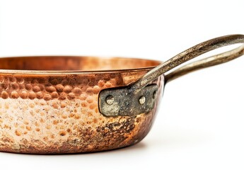 Rustic copper pan with hammered texture and aged patina.